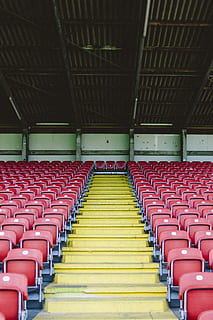 red chair, red and gray stadium chairs, seat, empty, row, pattern HD wallpaper