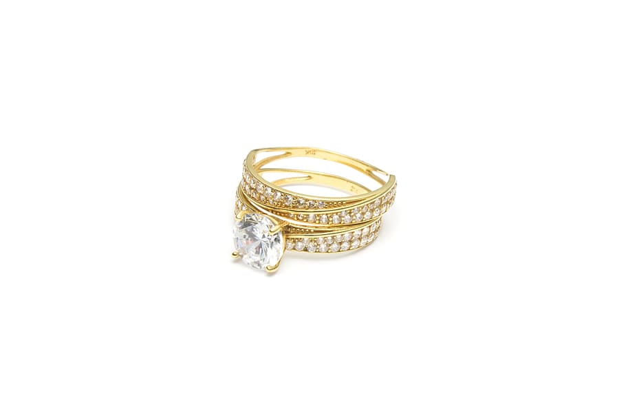 gold-colored ring with clear gemstone, gold jewelry, jewellery