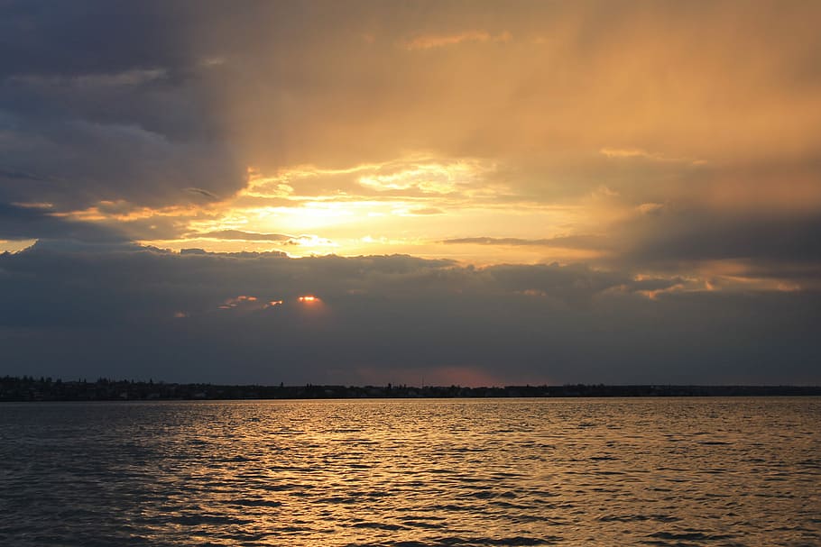 Sunset, Water, Nature, Silence, Sky, clouds, river, sea, smooth surface HD wallpaper