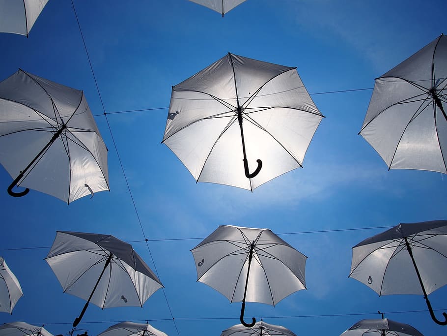 umbrellas, lublin, sky, decoration, city, protection, blue HD wallpaper