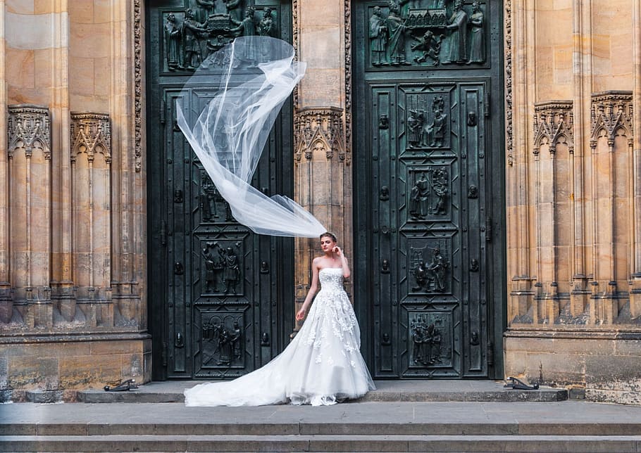 city, person, woman, art, architecture, bride, building, castle HD wallpaper