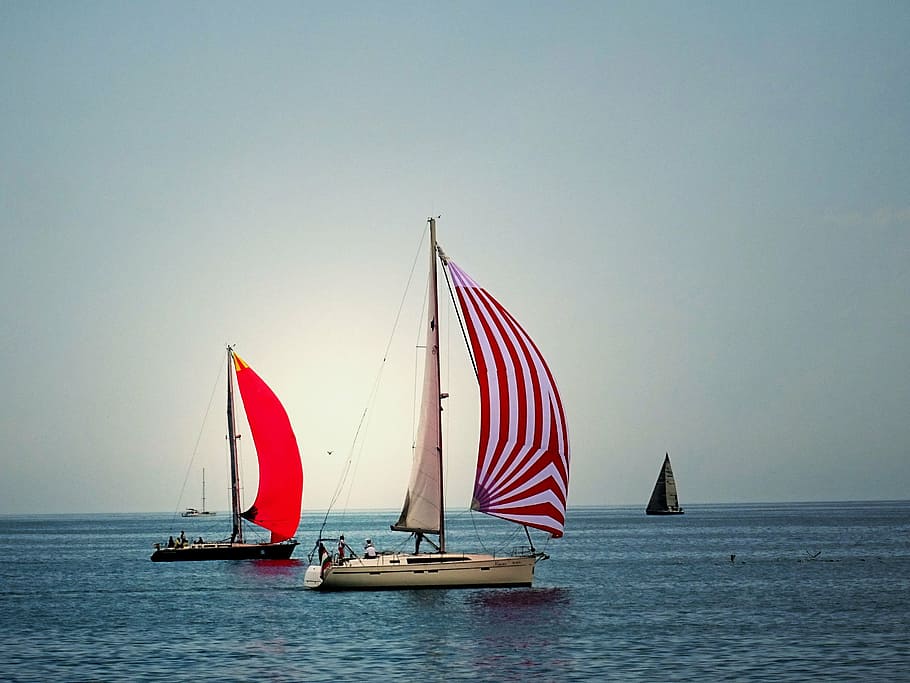 three sailing ships under gray sky, sea, boat, summer, landscape HD wallpaper