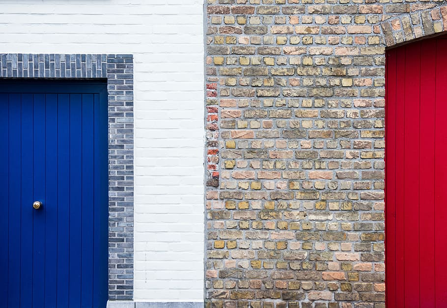 blue wooden door in brick wall, blue door on white wall and red door on brick wall HD wallpaper