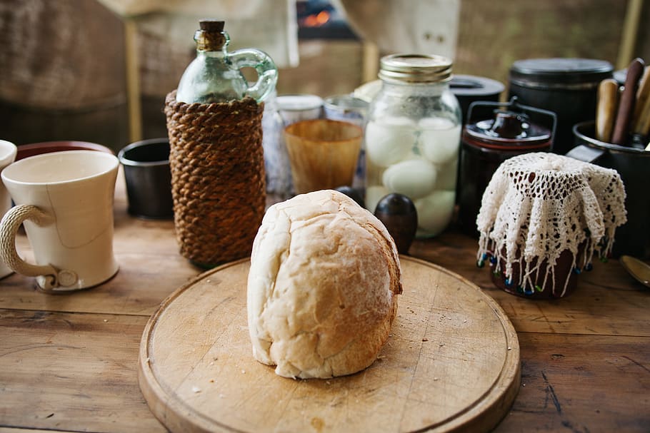 food, bread, breakfast, egg, baking, coffee, cup, kitchen, dough HD wallpaper