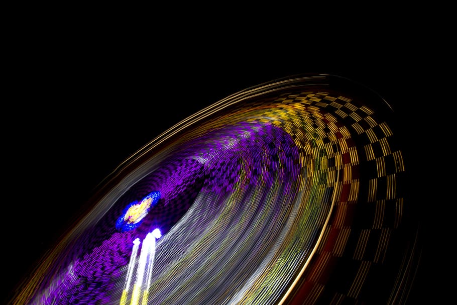time lapse photography of multicolored amusement ride, orange and black spinning lights timelapse photography HD wallpaper