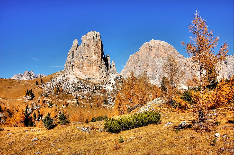 brown rocky mountain under blue sky during daytime, dolomites, HD wallpaper
