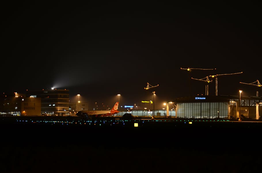 airport, night, stuttgart, illuminated, architecture, building exterior
