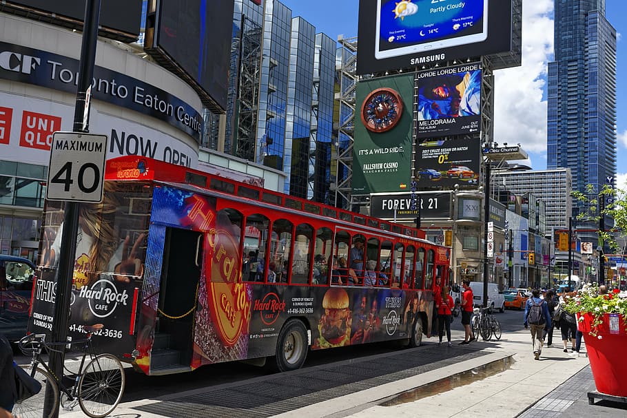 bus, board, advertisement, city, building exterior, architecture HD wallpaper
