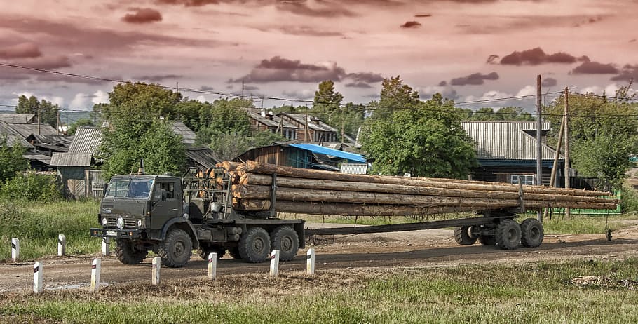 yurty, siberia, truck, logging, logs, sky, clouds, village, HD wallpaper