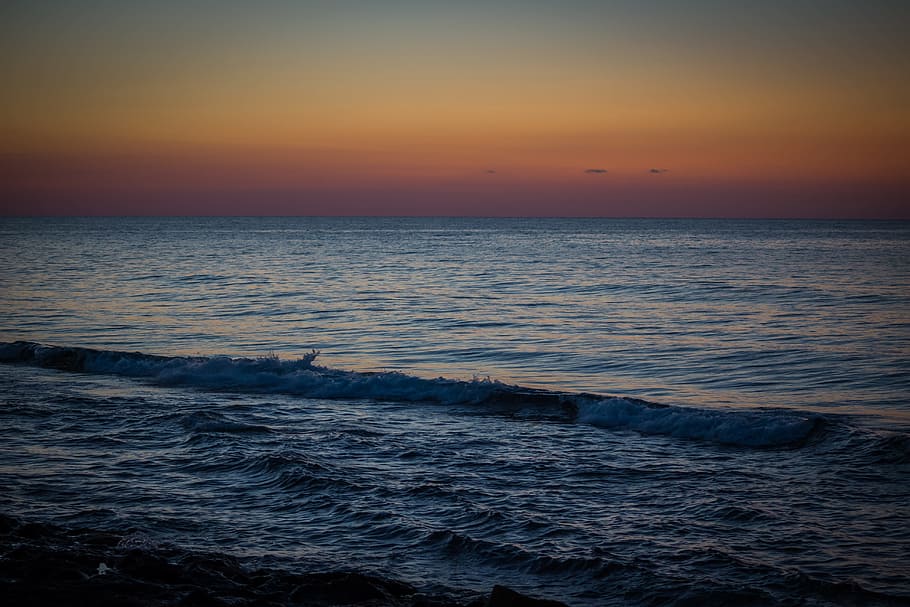 sea, coast, waves, foam, blue sea, view, spain, mallorca, sunrise HD wallpaper