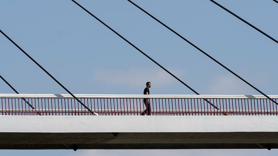 bridge, suspension bridge, human, railing, architecture, connection HD wallpaper