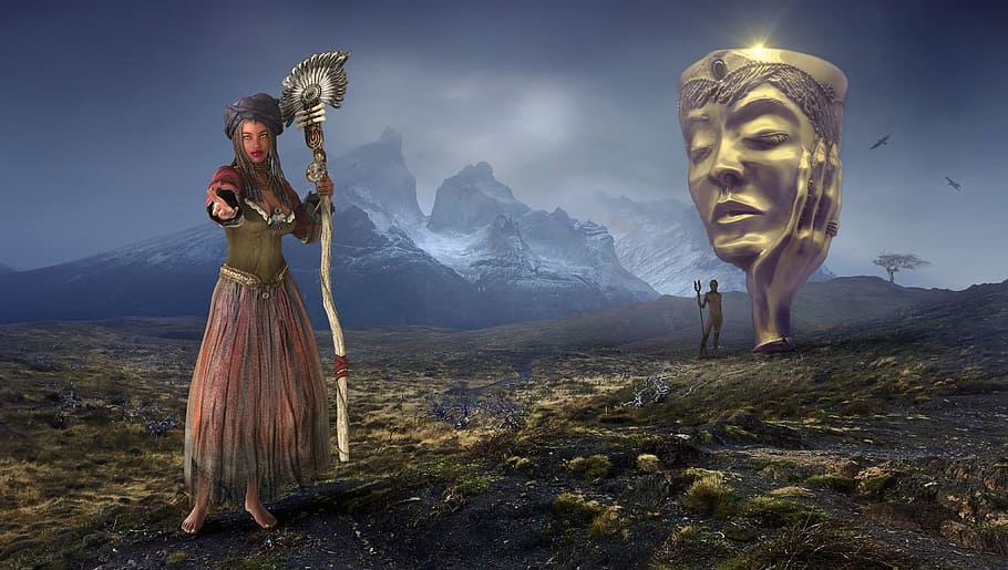 sorceress holding wand illustration, fantasy, landscape, mystical
