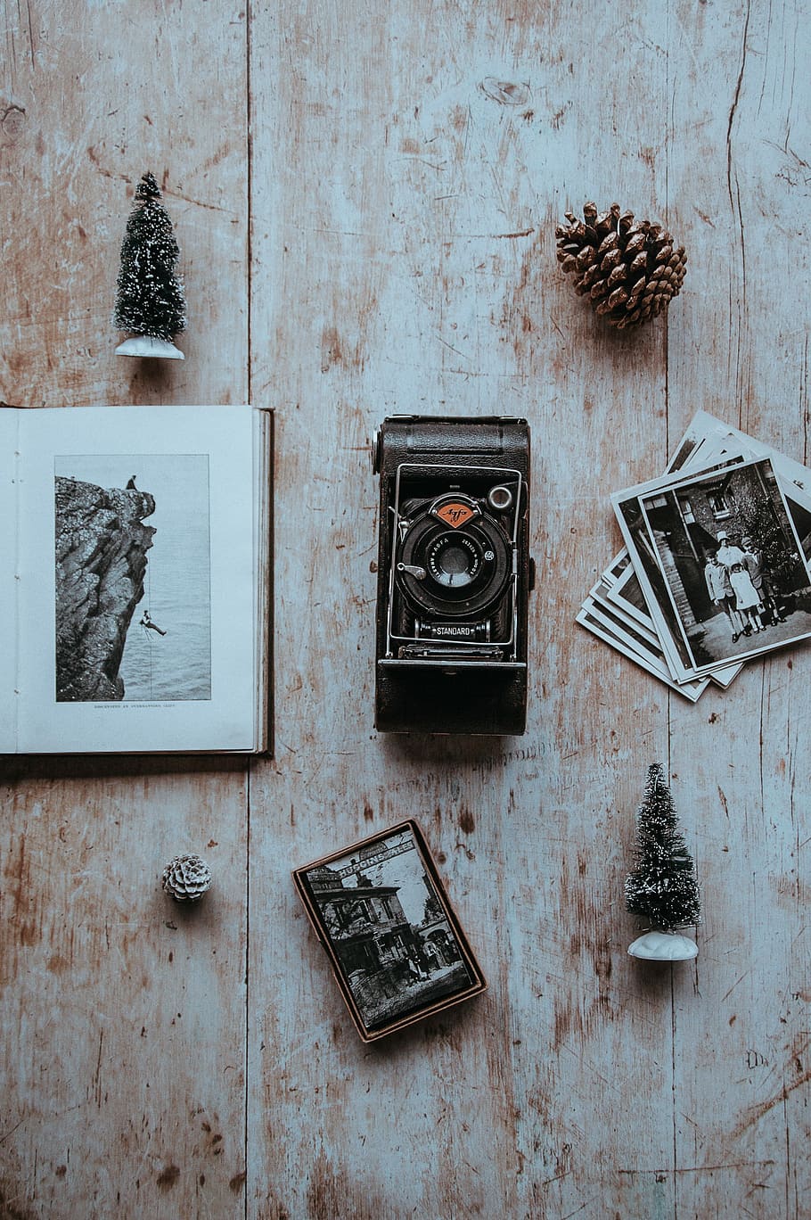 black camera between photos, black point-and-shoot camera, flatlay HD wallpaper
