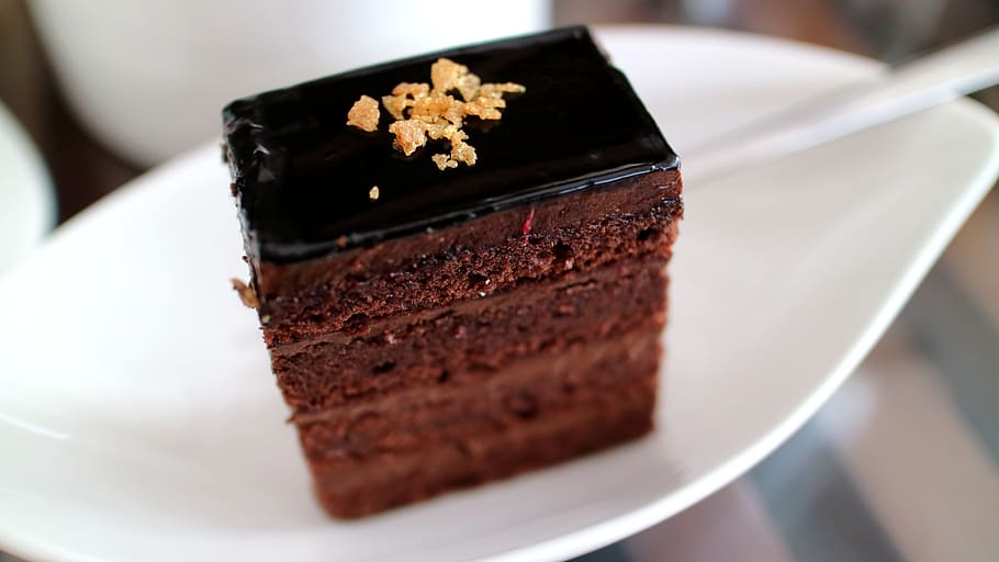 chocolate cake on white ceramic saucer, coffee, dessert, food HD wallpaper