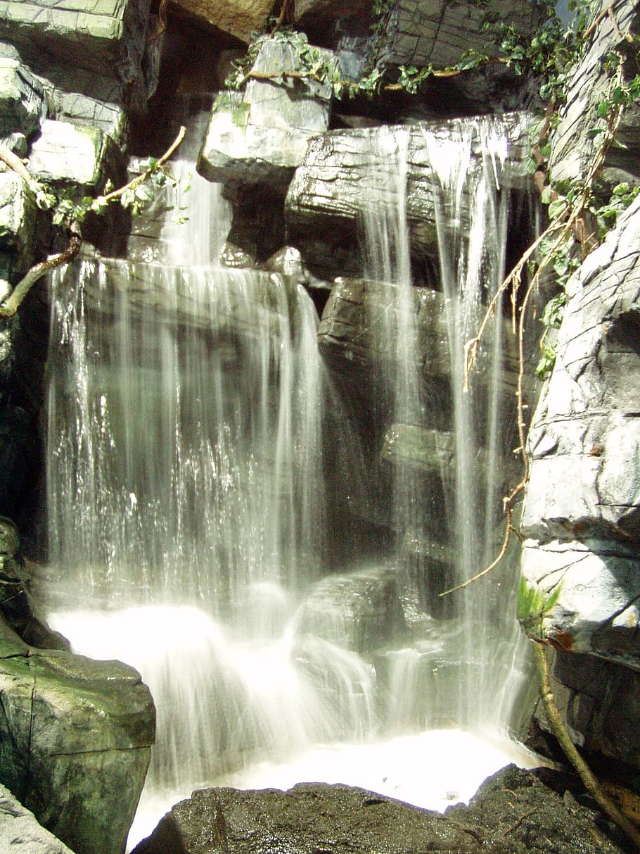 waterfall, rocks, stream, cascade, flowing, motion, fresh, spring HD wallpaper