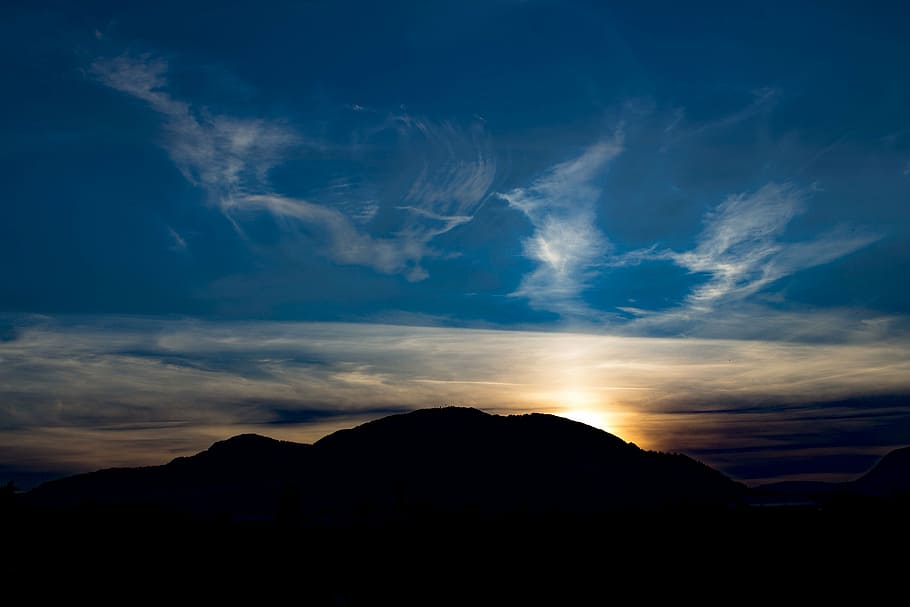 silhouette photography of mountain under golden hour, sky, sunset HD wallpaper