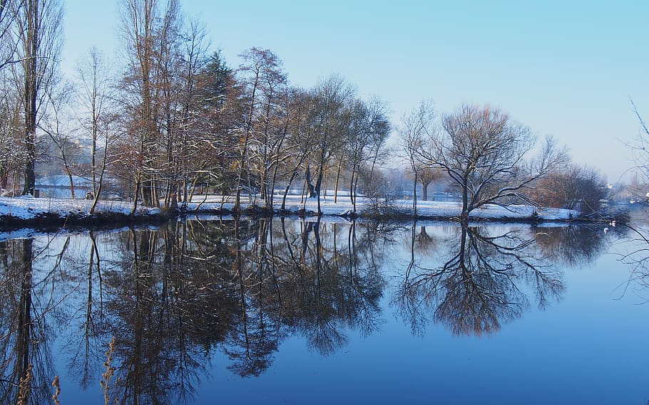 nature, trees, lake, snow, reflection, water, sky, tranquility HD wallpaper