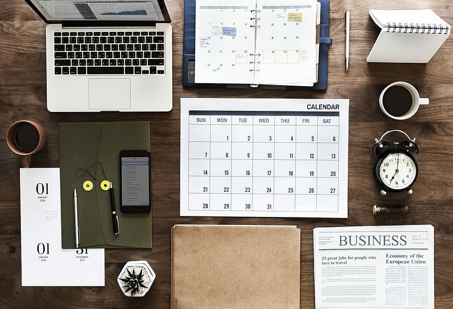 flat-lay photography of laptop, smartphone, calendar, book, and watch HD wallpaper