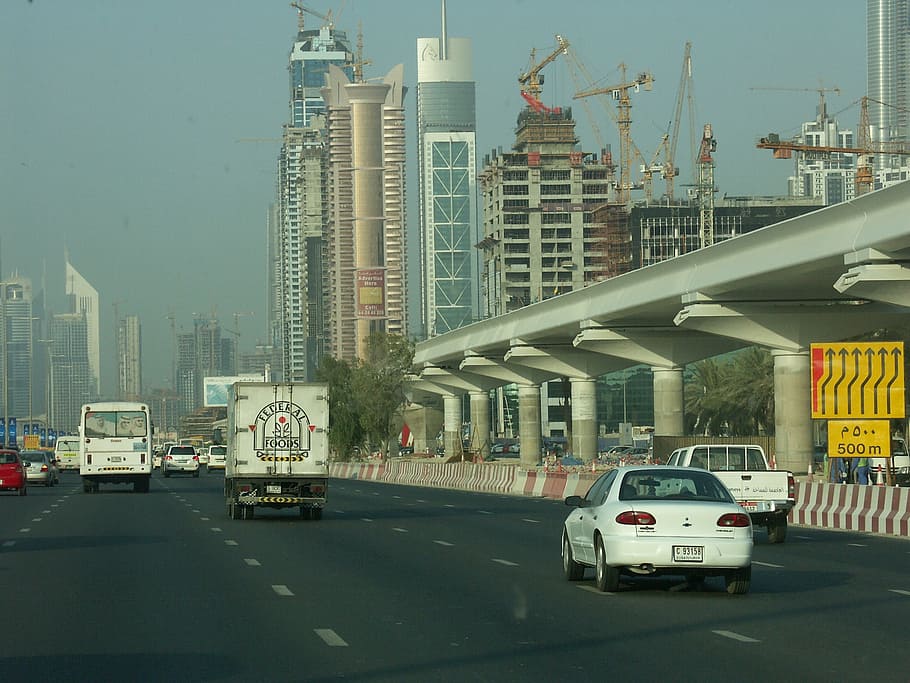 traffic, road, dubai, uae, u a e, autos, vehicles, skyscraper HD wallpaper