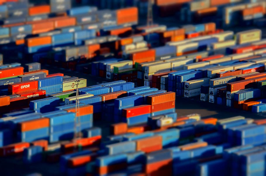 photo of assorted-color intermodal containers, tilt-shift photography of container vans, HD wallpaper