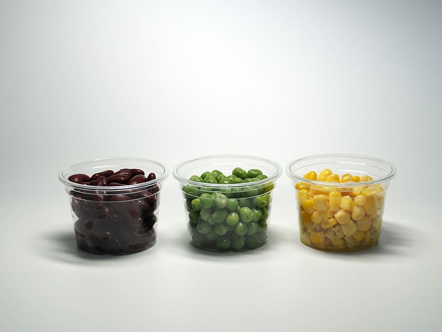 three assorted-color beans in clear plastic cups, whole grains HD wallpaper