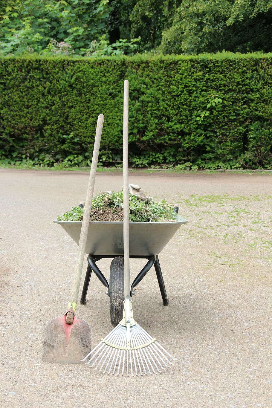 Work, Wheelbarrow, Rake, Gardening, construction work, faceplate HD wallpaper