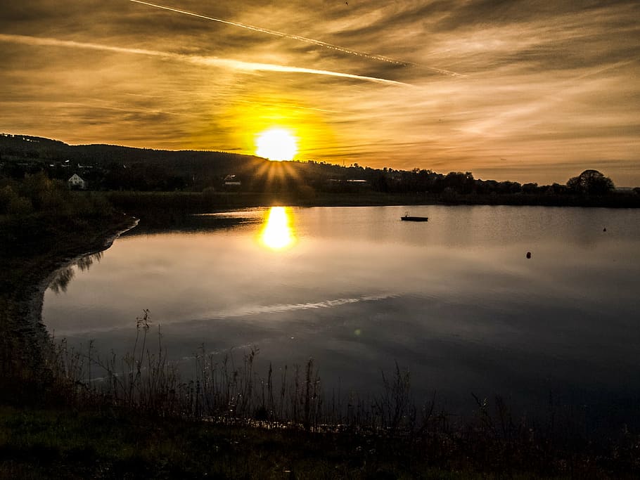landscape, pond, twilight, sun, water, sky, reflection, cloud - sky HD wallpaper