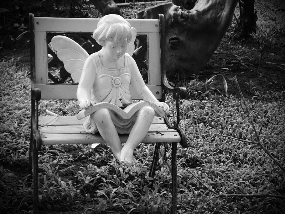 grayscale photography of fairy statue sitting on bench, angel, HD wallpaper