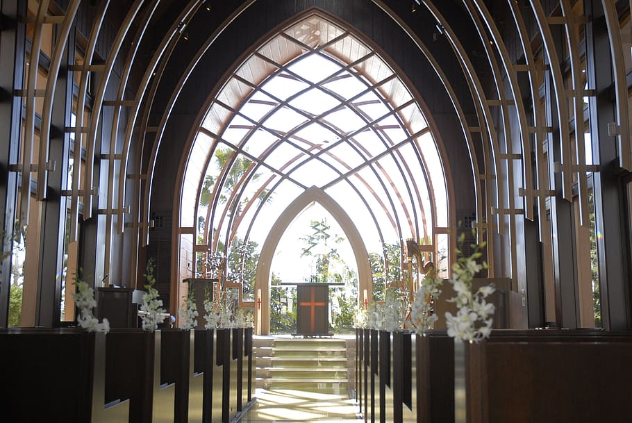 chapel, wedding, glass, decoration, white flowers, church, arch