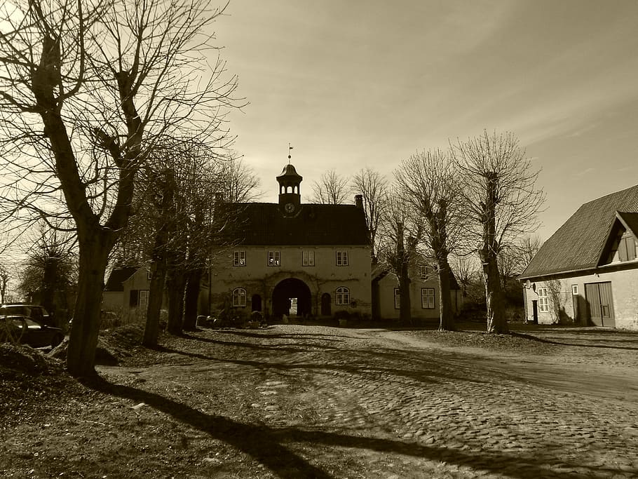 building, goal, castle, trees, old, sepia, historically, jersbek HD wallpaper