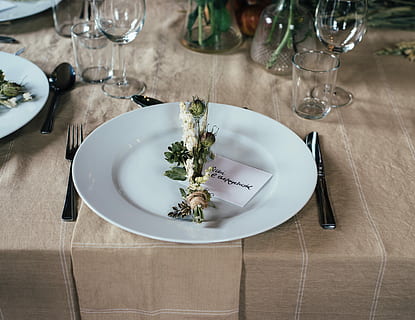 green and white decorative flower on white plate and cutlery set on table, white ceramic plate HD wallpaper