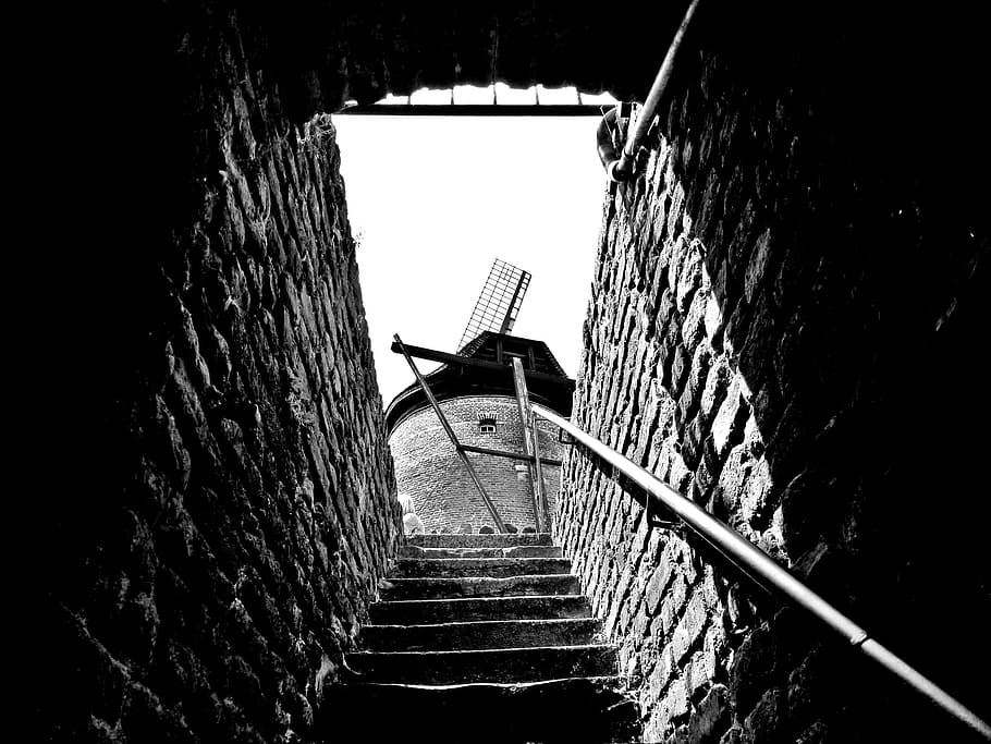mill, windmill, old, stairs, emergence, wall, black and white HD wallpaper