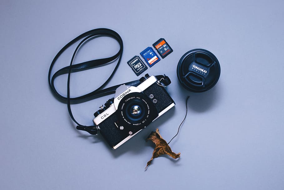 Black and Gray Camera, camera lens, cosina, device, dry leaf HD wallpaper