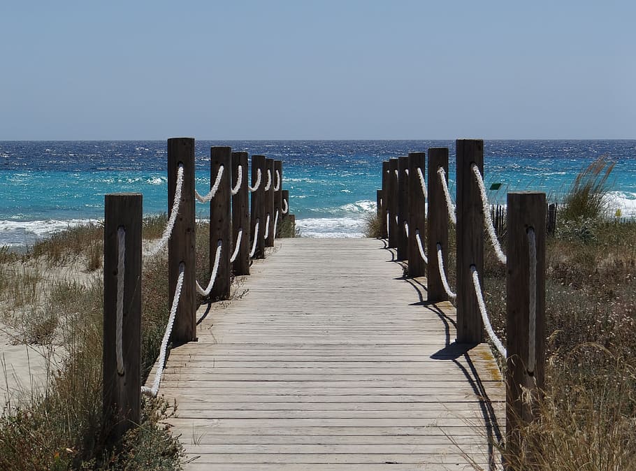brown and black wooden dock, beach, web, rest, idyll, sea, menorca HD wallpaper