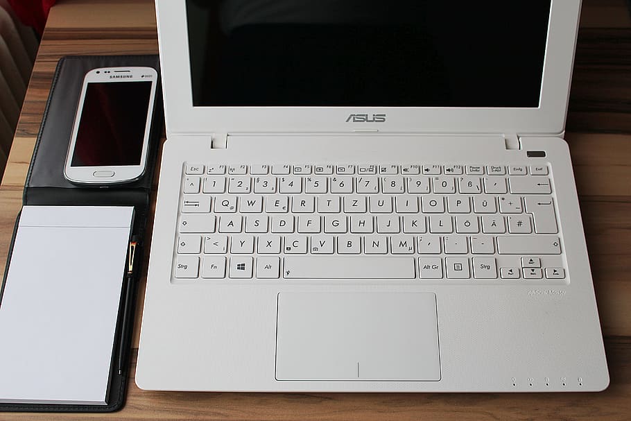 white Asus laptop, notebook, smartphone, home office, work HD wallpaper