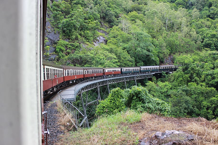 beige and red train passing bridge near mountain during daytime HD wallpaper