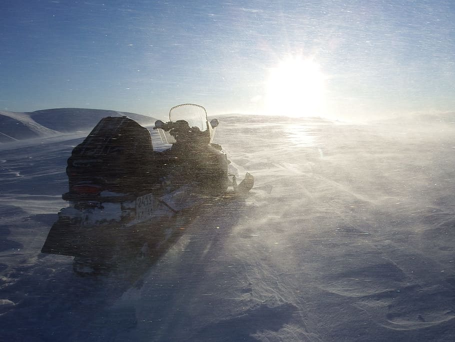 blizzard, mountains, wind, snow, drifting snow, snowmobile HD wallpaper