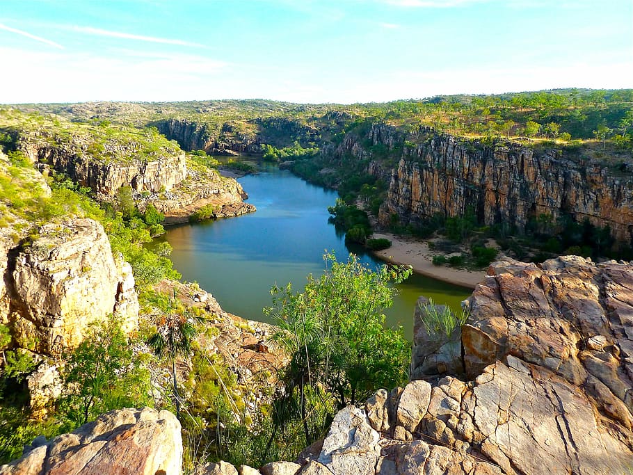 aerial photography of river between cliffs, canyon, australia HD wallpaper