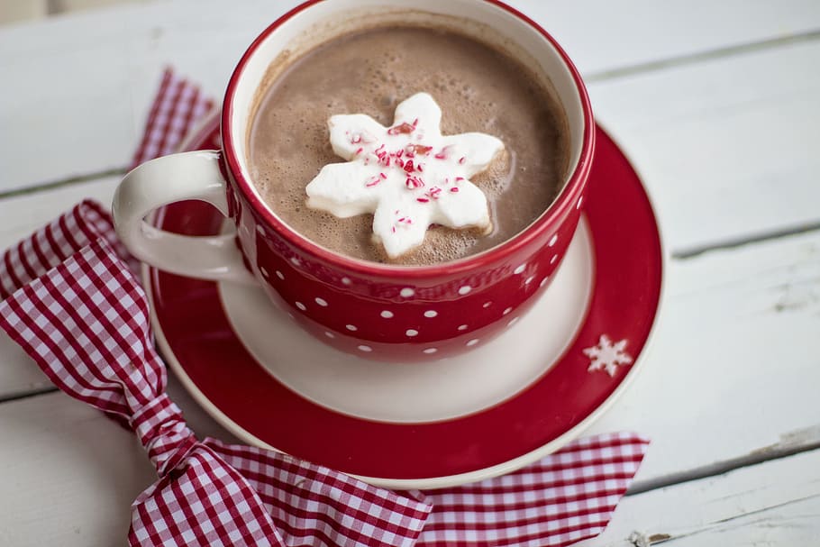 white and red ceramic coffee mug and saucers, hot chocolate, cocoa