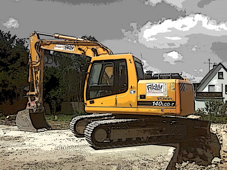 excavators, construction machine, site, machines, tool, backhoe bucket HD wallpaper