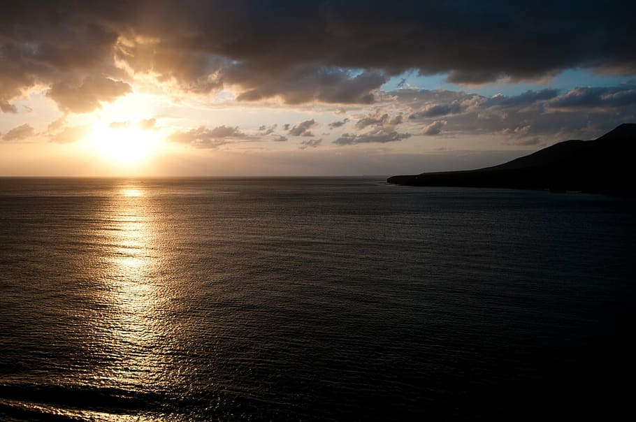 fuerteventura, sea, water, sun, sunset, sky, clouds, romantic, HD wallpaper