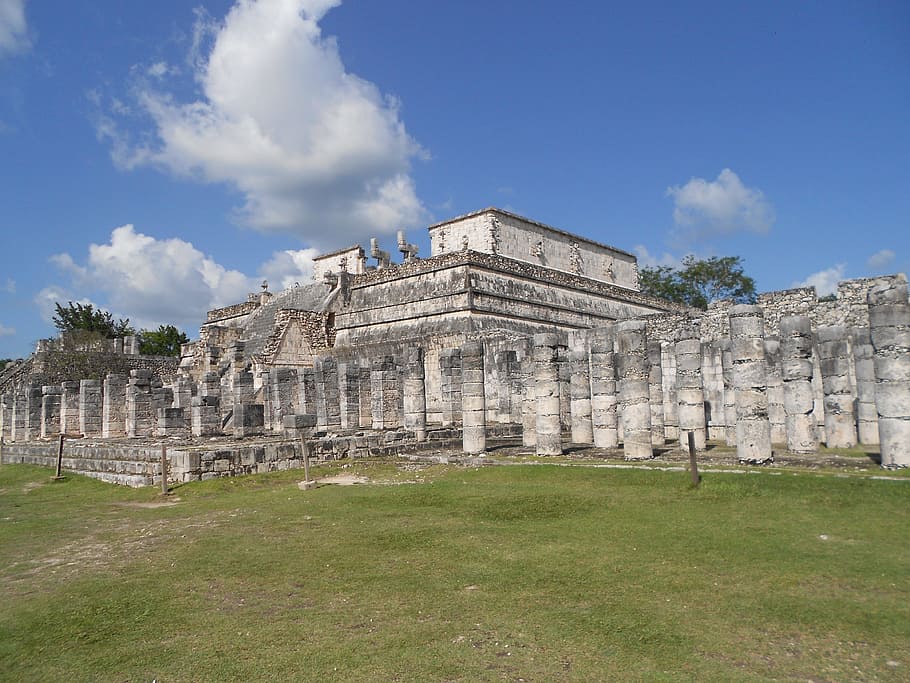 ziggurat under cumulus clouds, Mexico, Chichén Itzá, Columns, HD wallpaper