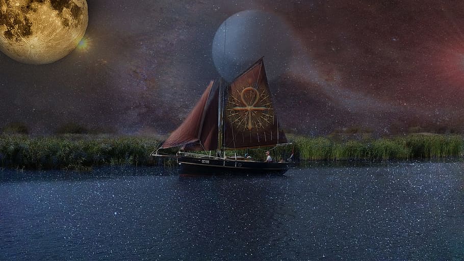 red boat painting, ship, balance, stars, magic, fantasy, imagination, HD wallpaper