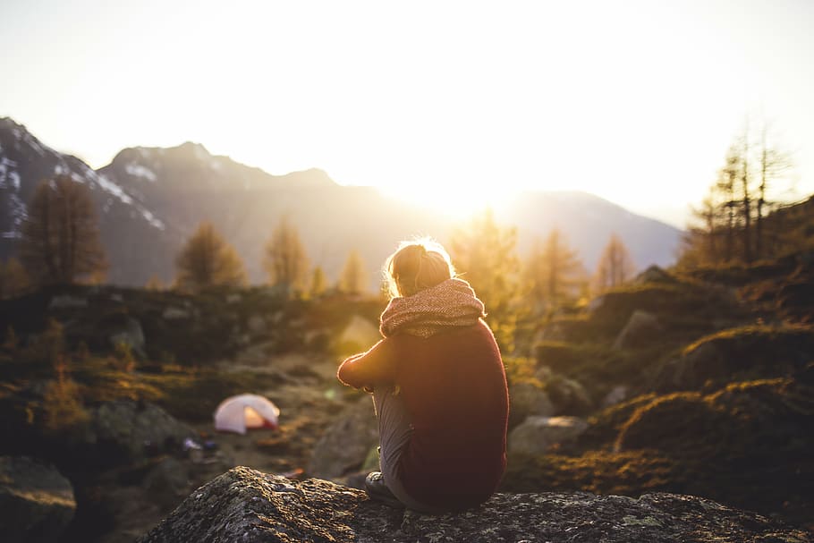 alone, boulders, idyllic, looking, mountains, nature, relaxation HD wallpaper