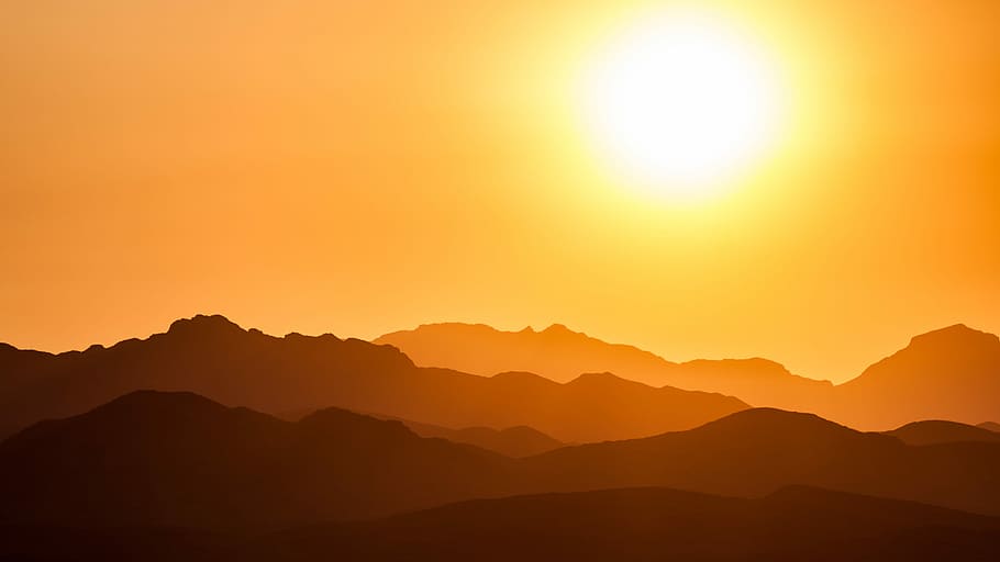 silhouette of mountains under orange sky, sunset photo, mountain range HD wallpaper