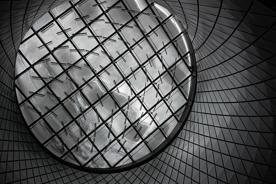 grayscale photo of glass ceiling, architecture, geometry, polygons HD wallpaper