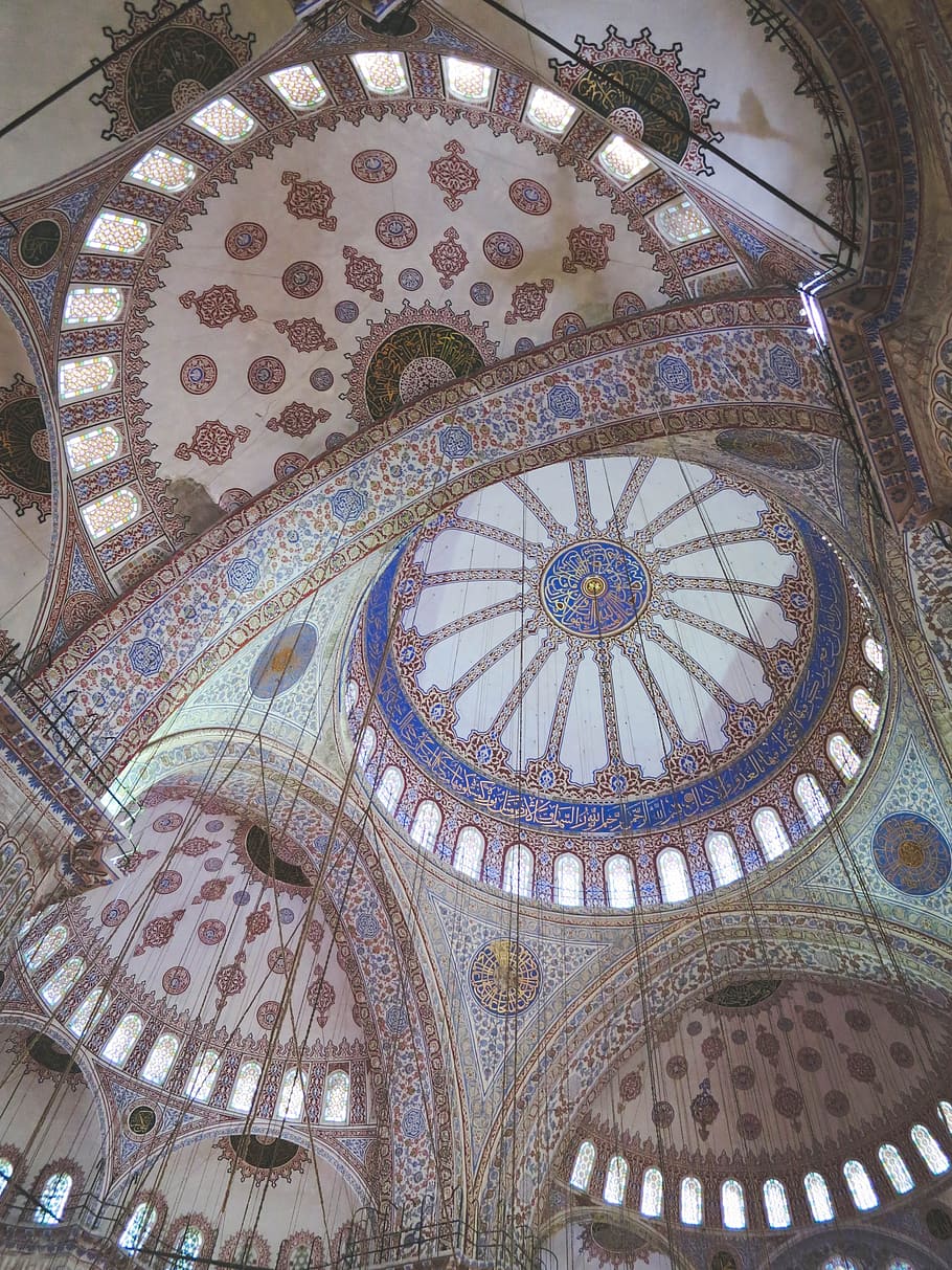 white, brown, and blue chapel interior, istanbul, turkey, blue mosque, HD wallpaper