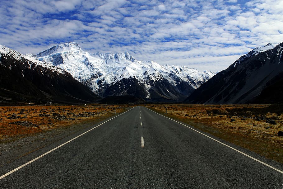 road near mountain covered by snows, mountains, landscape, new zealand