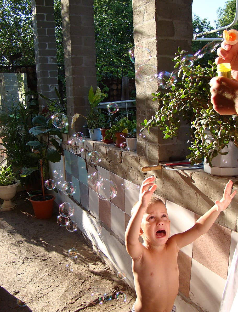 boy, soap bubbles, sun, crying, emotion, tears, hands, rainbow bubbles HD wallpaper