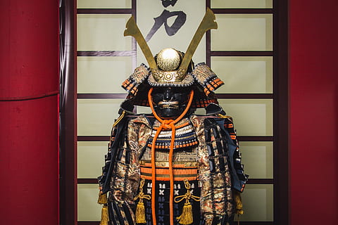 Samurai armor decor near beige wall, warrior, japan, indoors HD wallpaper